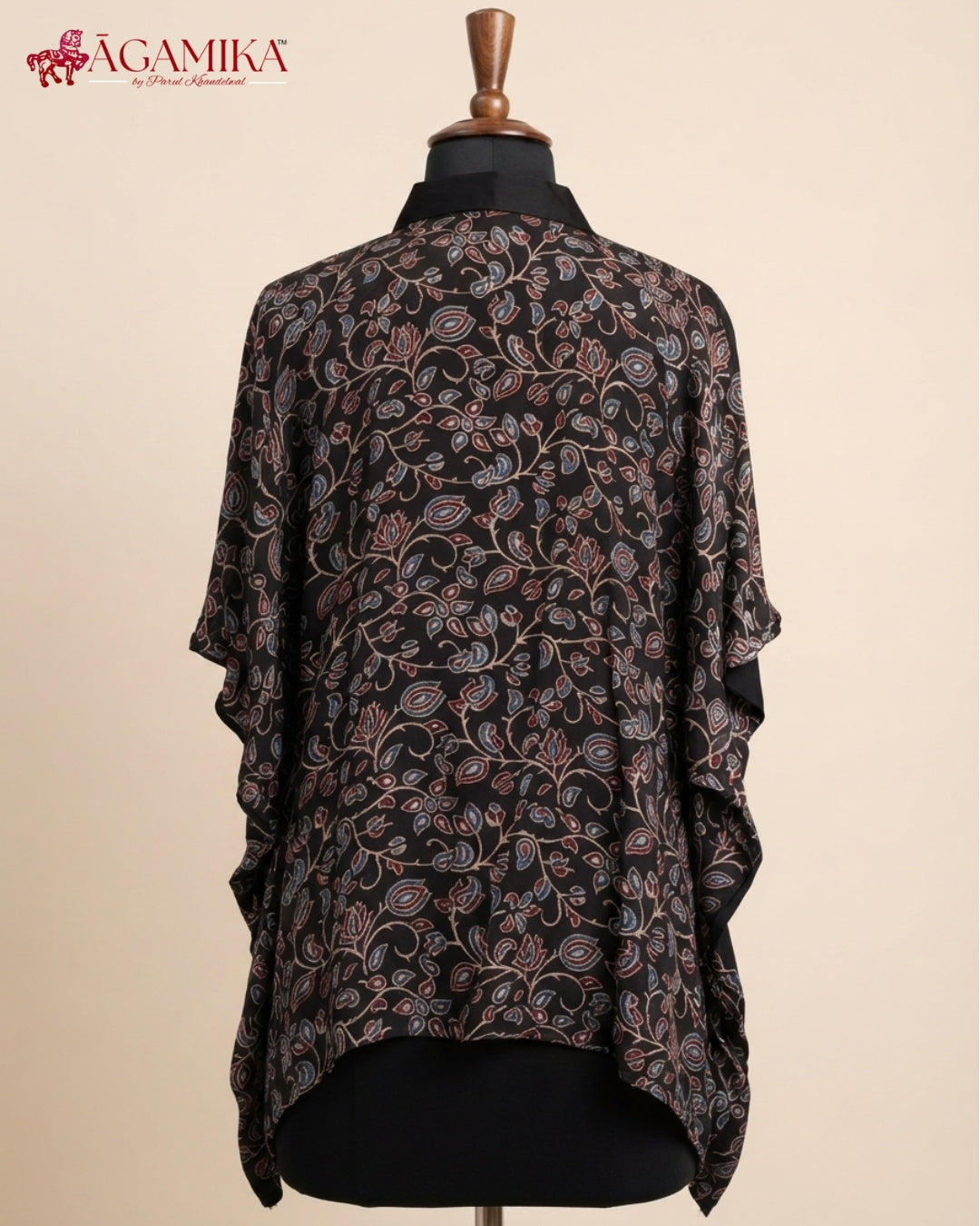 Midnight Poppy Hand-Block Print Kaftan Shirt