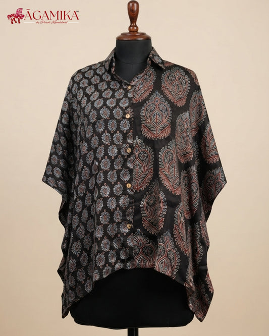 Midnight Bloom Hand-Block Print Kaftan Shirt
