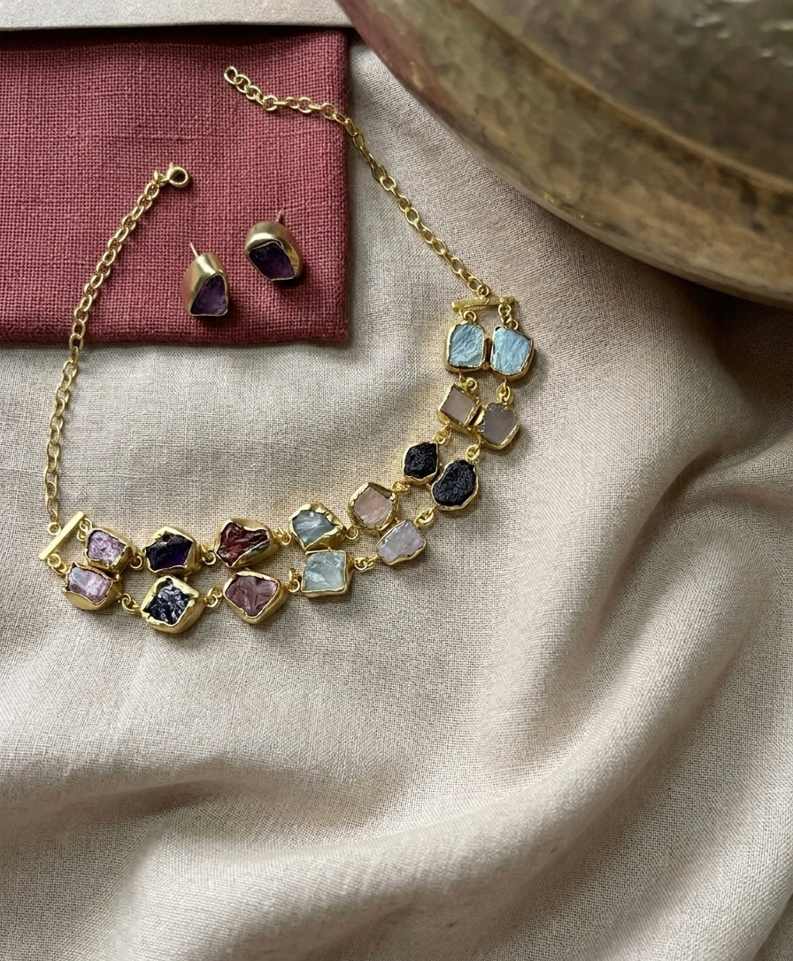 Ratnavali Necklace Set — Multi-Stone Gold-Toned Brass